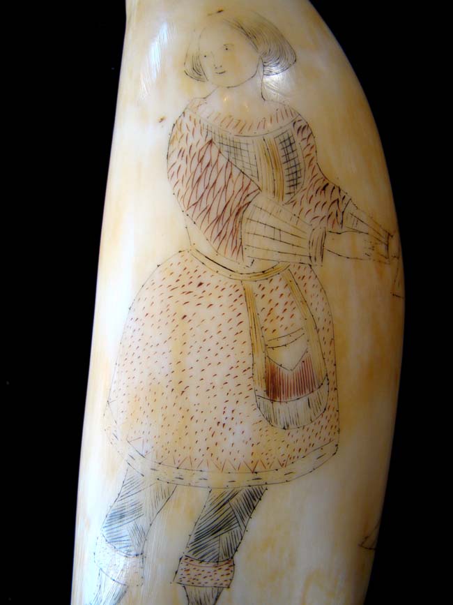 A 19th century American sailor Scrimshawed  Whale's Tooth with Lady and a Ship — image 3